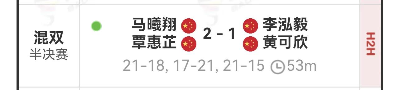混双半决赛，中国选手内战，争夺一个决赛席位。最终，马曦翔覃惠芷2：1战胜李弘毅黄
