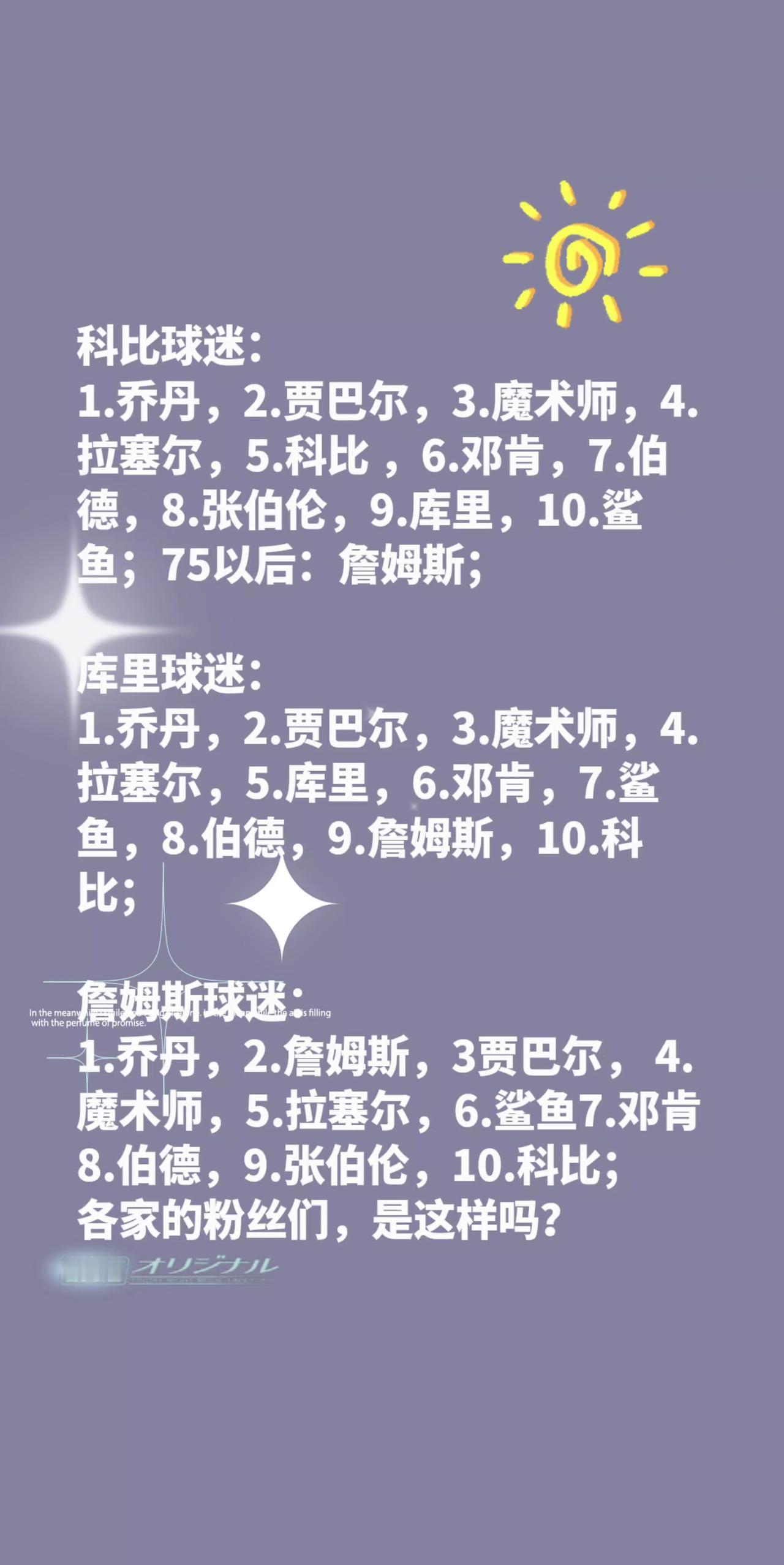 科比球迷：
1.乔丹，2.贾巴尔，3.魔术师，4.拉塞尔，5.科比 ，6.邓肯，