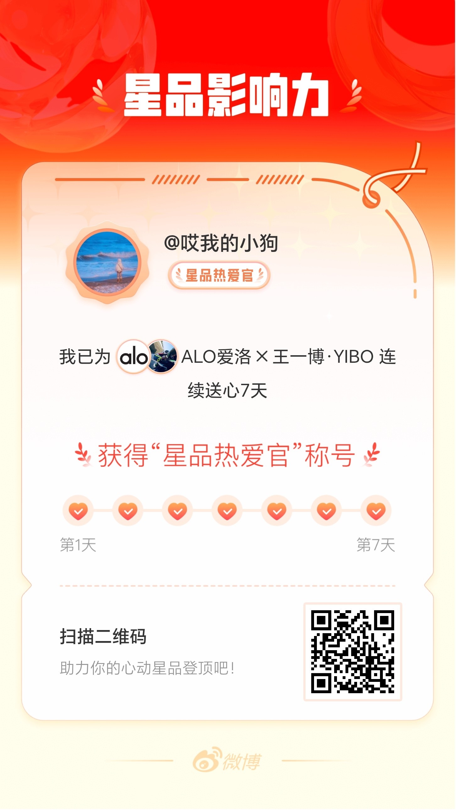 我在星品影响力上为 X 连续送心7天，获得“星品热爱官”称号！快来一起pick你