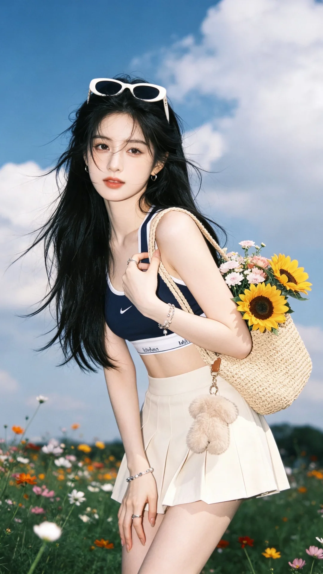 逆朦，泛朦，对焦模糊，特写，向日葵抱在怀里，一个灵动纯美的少女，来自《...