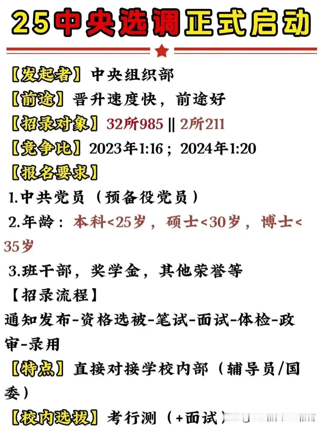 2025中央选调正式启动！招录对象、高校范围、报考要求、笔试面试、待遇发展……快