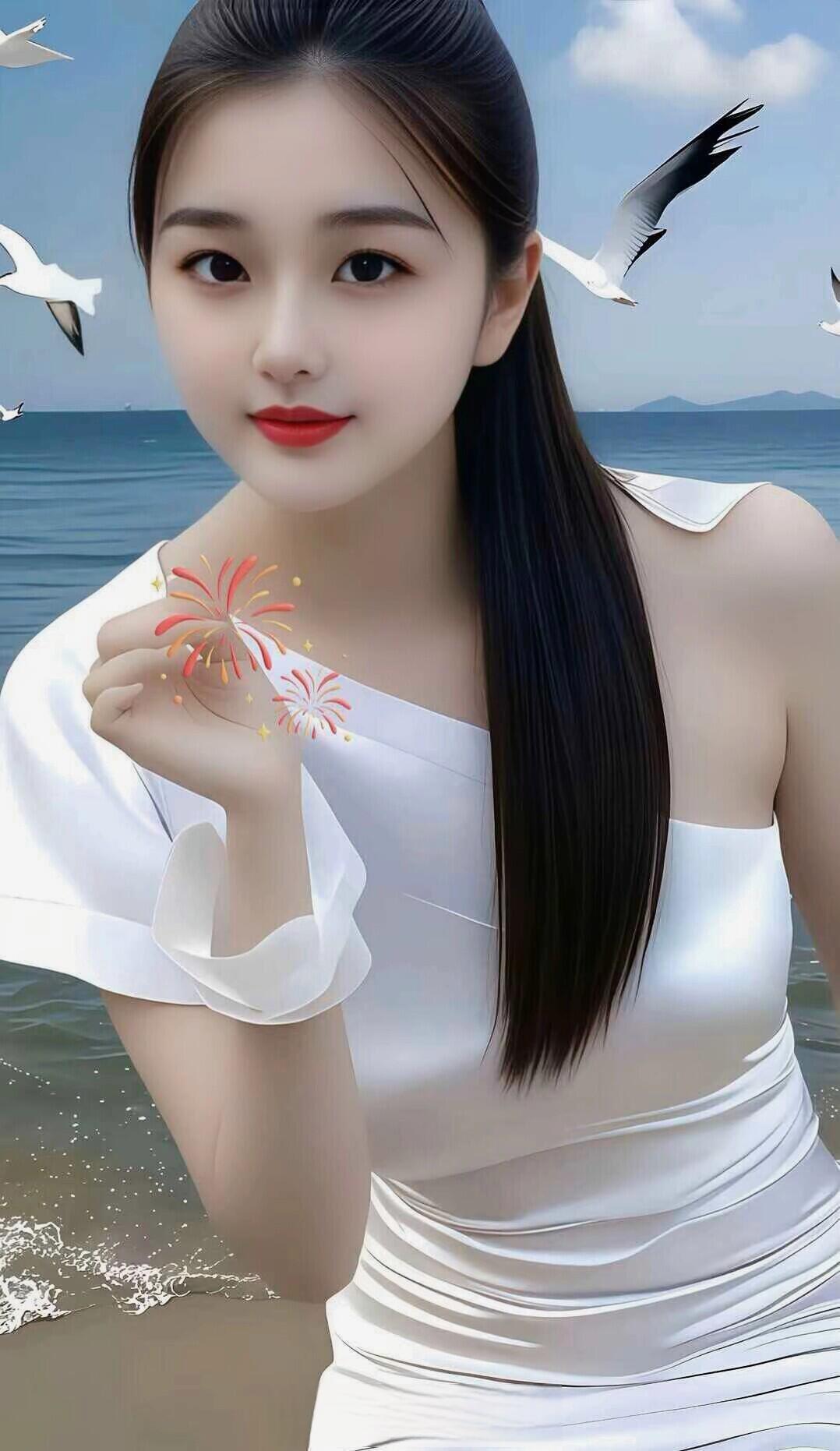 海边少女与海鸥相伴，手持烟花，梦幻而浪漫。