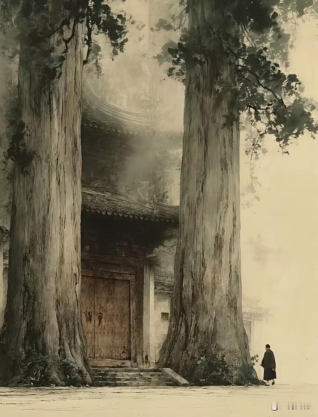 不知道这是一幅画，还是一张照片，不过看起来，有一种幽静庄严肃穆的感觉，两株高大的