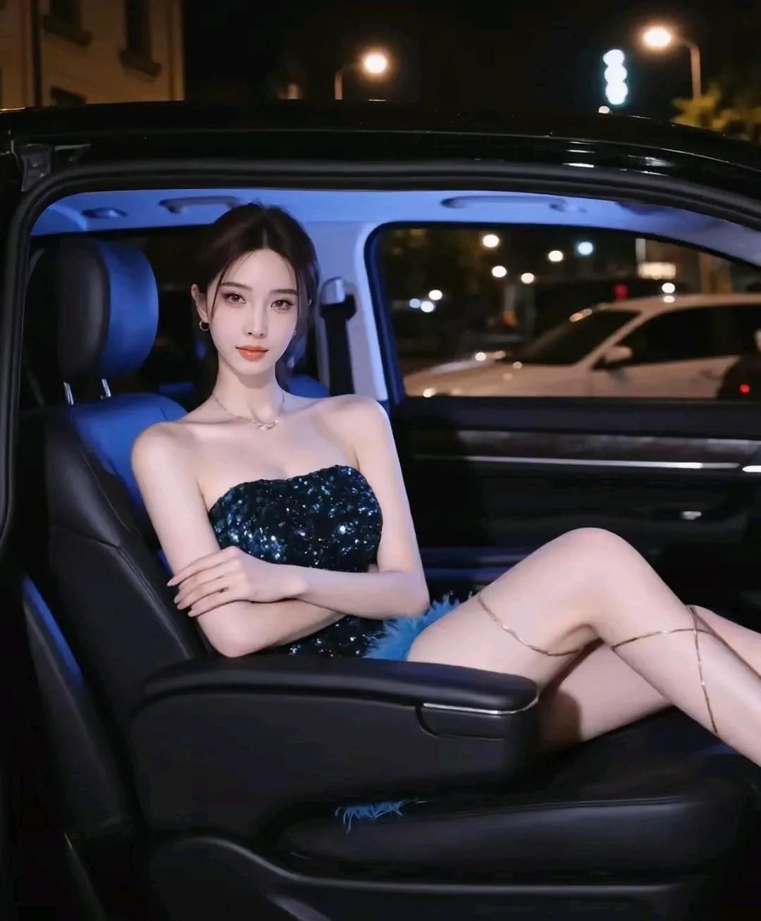 夜晚车中，惊艳的蓝闪礼服，尽显优雅与神秘。