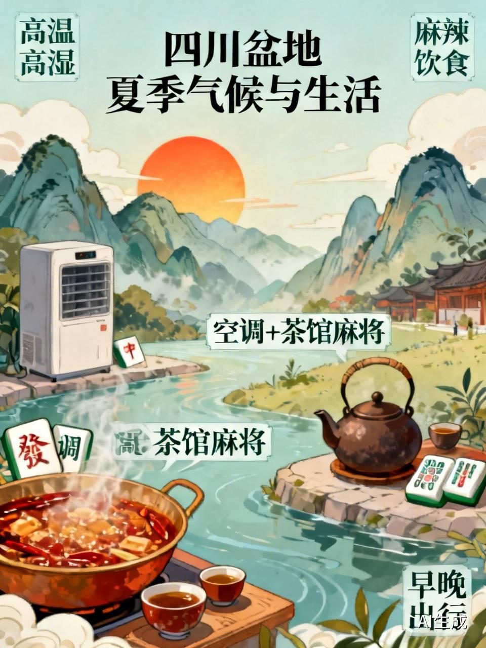 四川盆地夏季气候那叫一个酸爽！高温高湿是常态，气温常超30℃，湿度能达70%以上