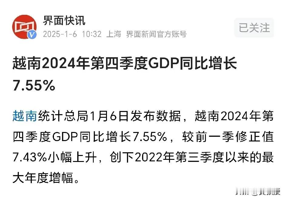 越南2024年第四季度GDP同比增长7.55%