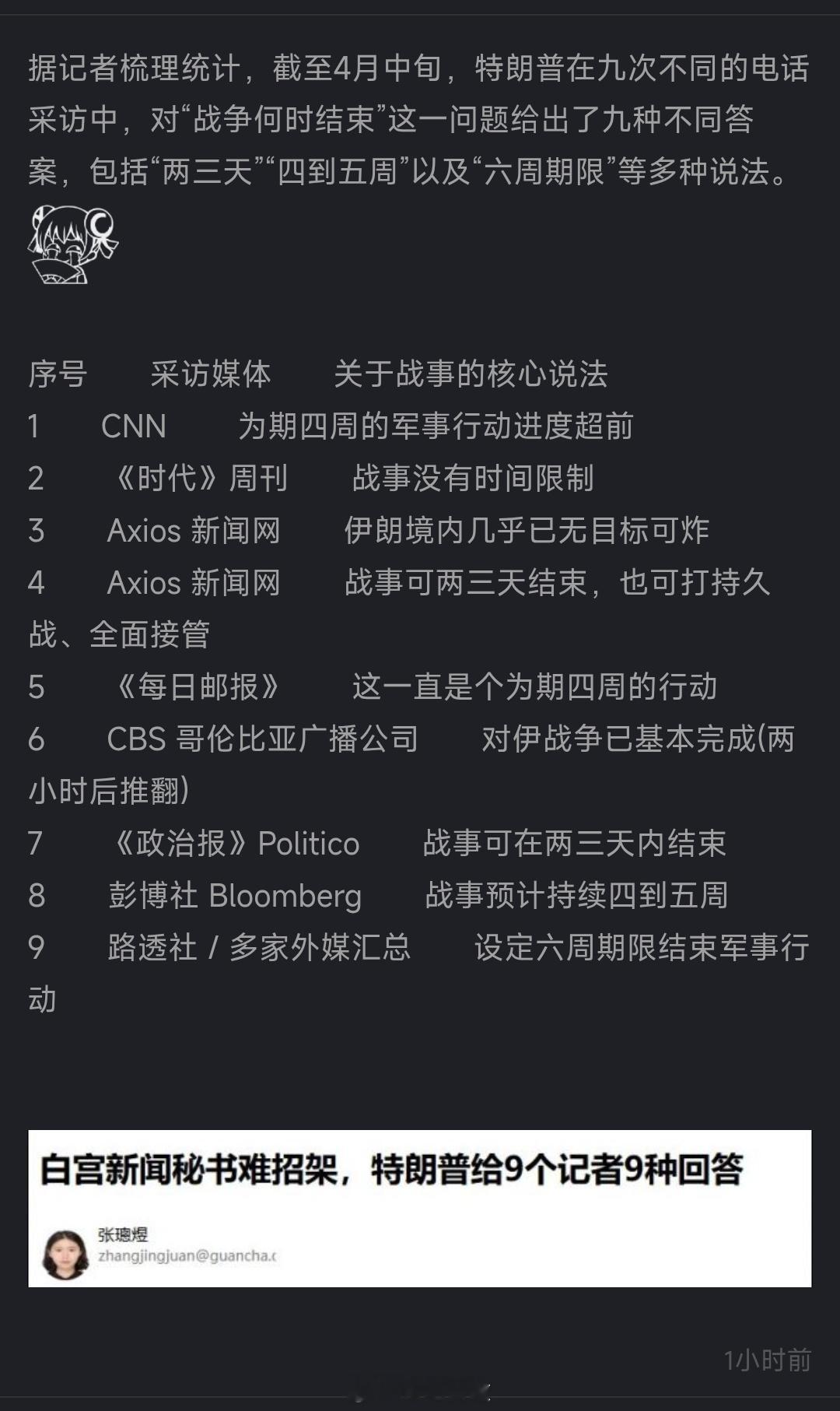 一个人的罗生门，特朗普给了九个记者九种不同的说法。挺好的，那么至少有8家fake