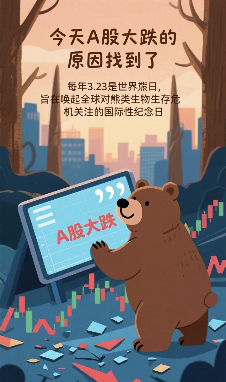 今天大跌的原因找到了：每年323是世界熊日，旨在唤起全球对熊类生物生存危机关注的
