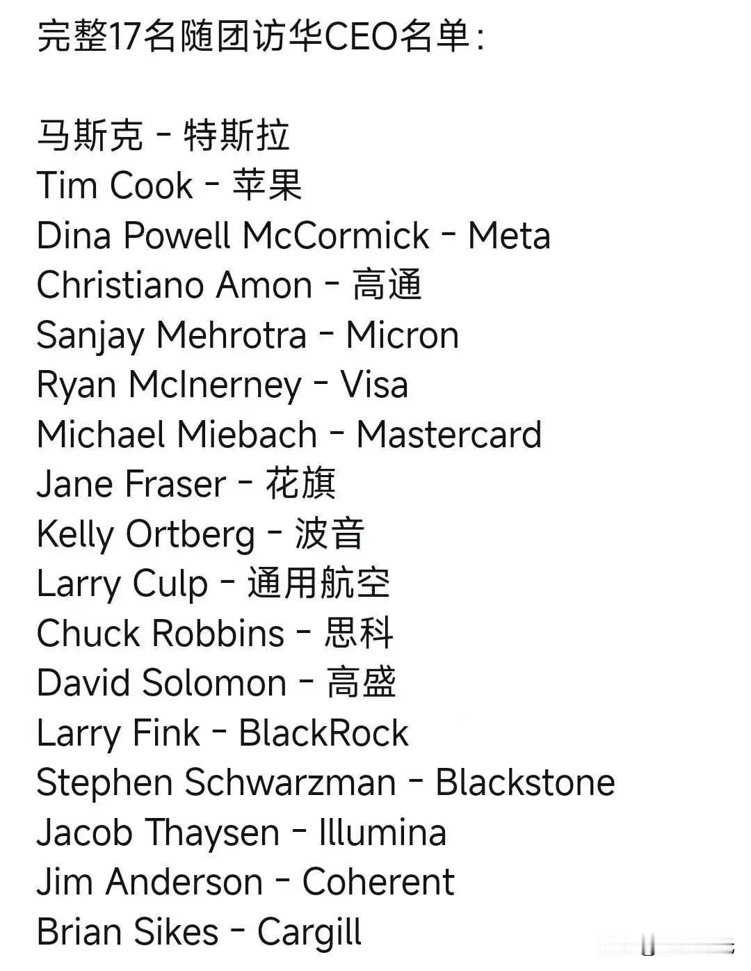 随川普访华的商界精英名单