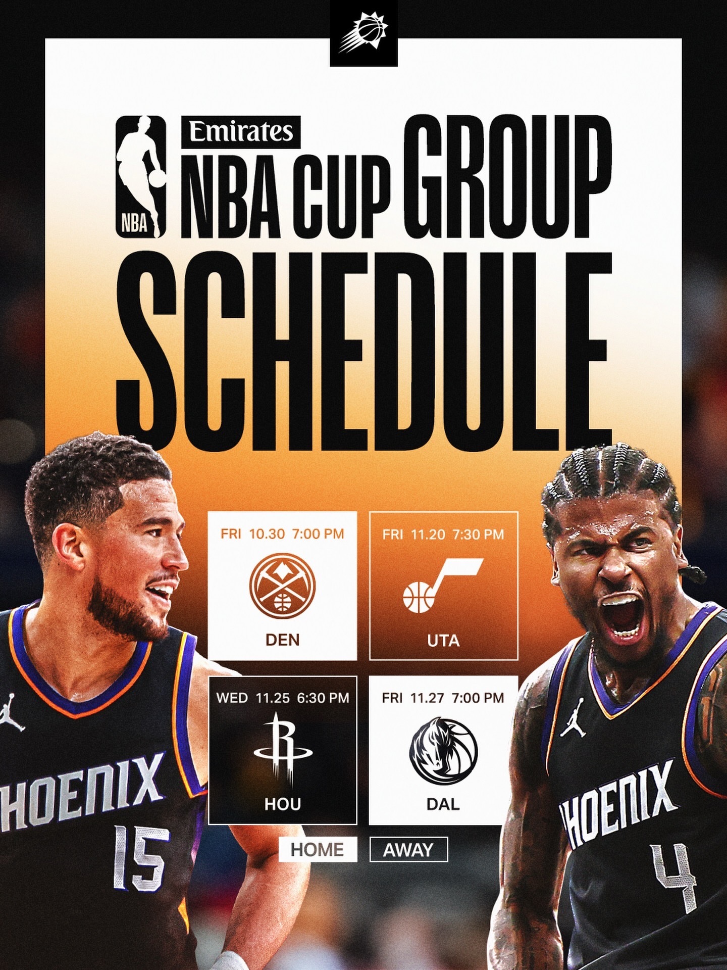 太阳队26-27赛季NBA杯赛程：10月31日 周六 11:00 主场vs掘金1