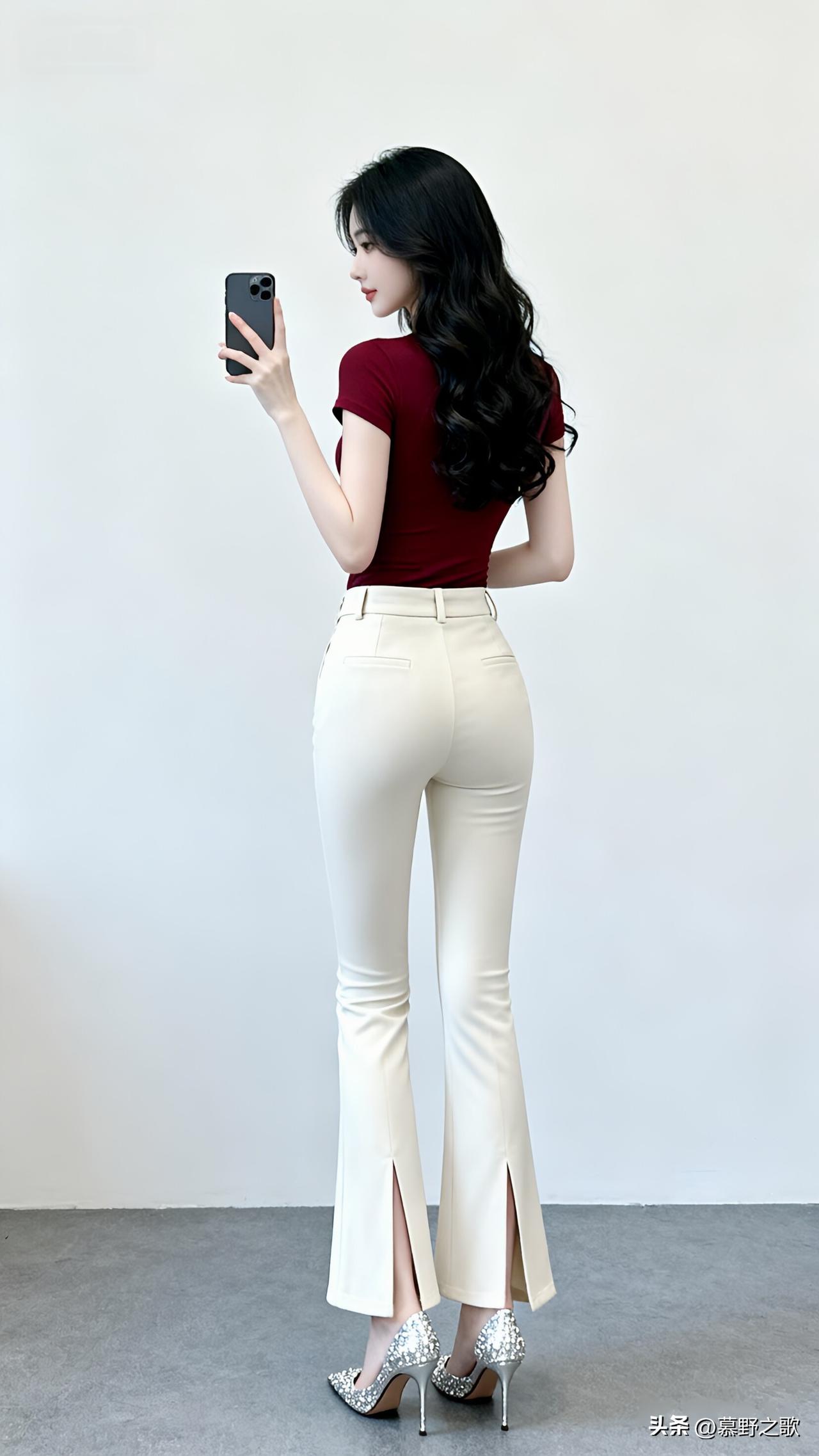 复古风穿搭，酒红色上衣+米色喇叭裤，搭配闪亮高跟鞋，尽显优雅气质！👠💃