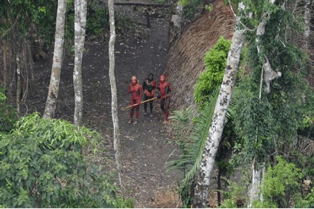 亚马逊地区一个未与外界接触的部落的无人机航拍图像，该部落很可能是巴西的马萨科部落