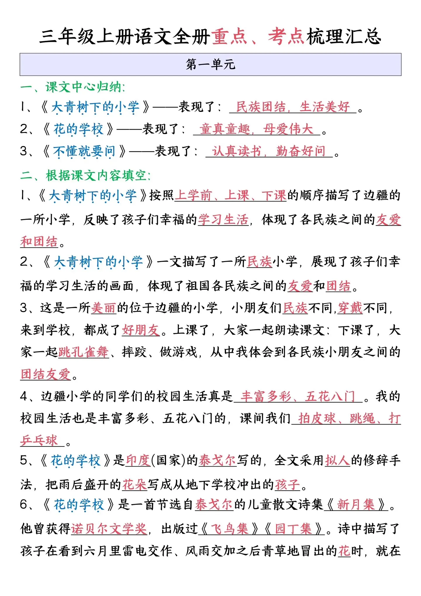 三年级上册语文全册重要考点梳理汇总‼️。涵盖了1-8单元的重要考点汇总...