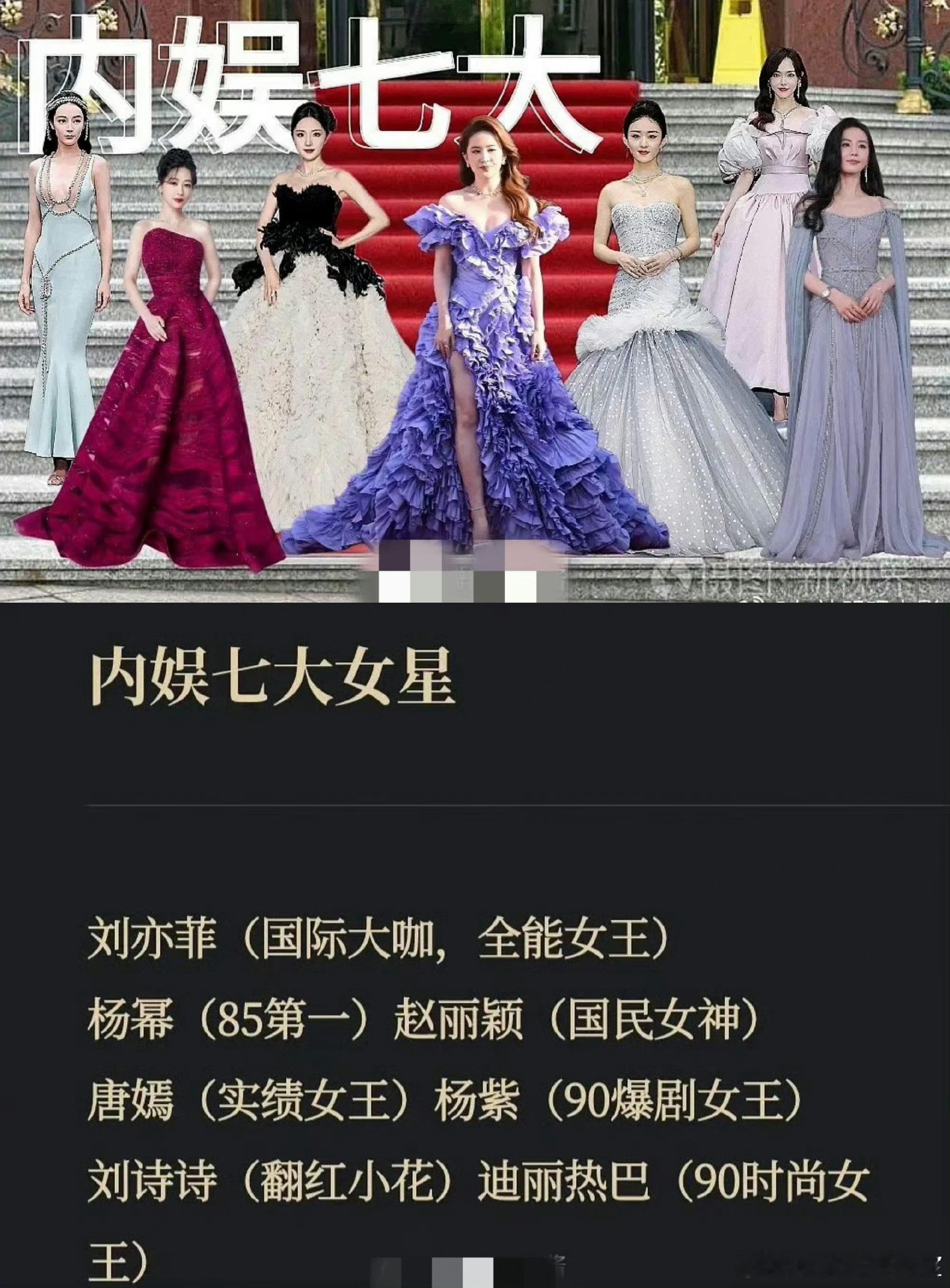 网友做的内娱七大女星：刘亦菲 杨幂 赵丽颖 杨紫 刘诗诗 迪丽热巴 唐嫣，这番位