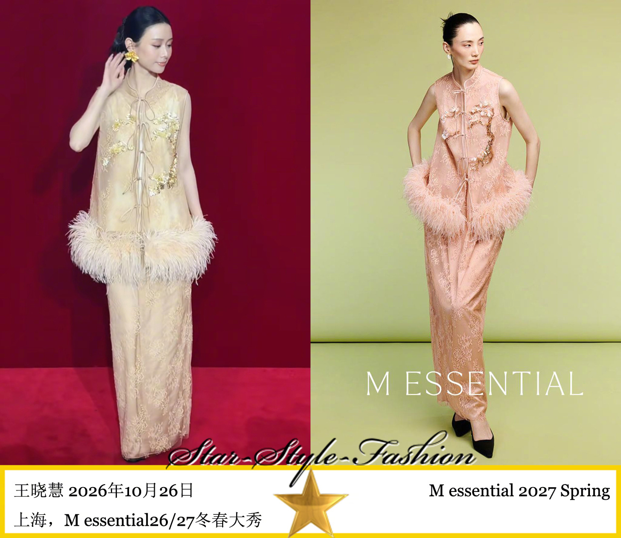 王晓慧身着M essential2027春季系列青松纹样垫绣羽毛饰边无袖长裙套装