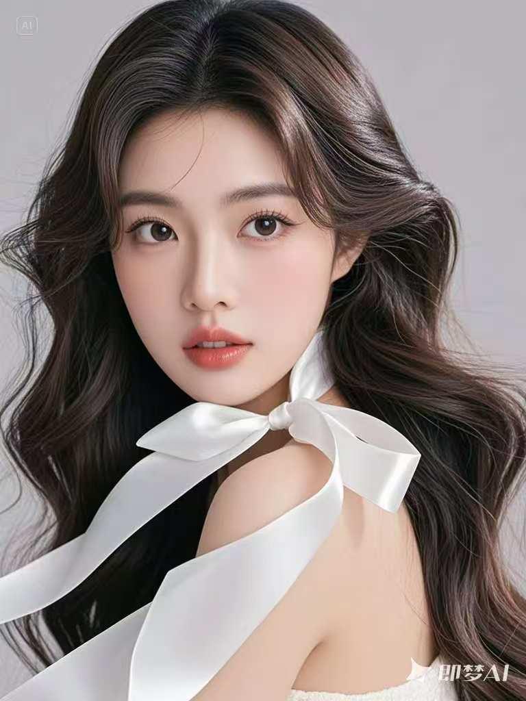 温柔甜美的少女，白皙肌肤，长发飘逸，蝴蝶结发带，清新自然。