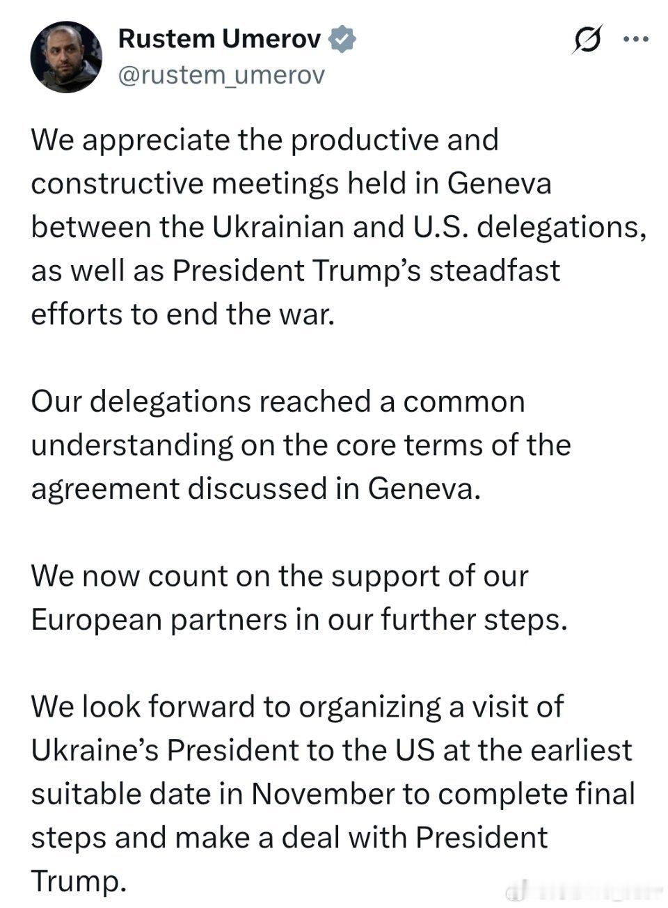 泽连斯基本周或将访问美国据乌梅罗夫称，乌克兰和美国代表团“就日内瓦讨论的协议核心