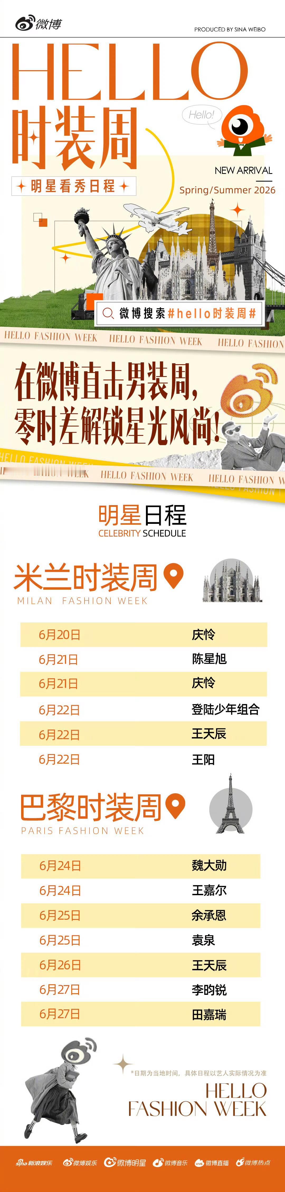 明星男装周看秀日程米兰时装周：庆怜、陈星旭、登陆少年组合、王天辰、王阳 巴黎时装