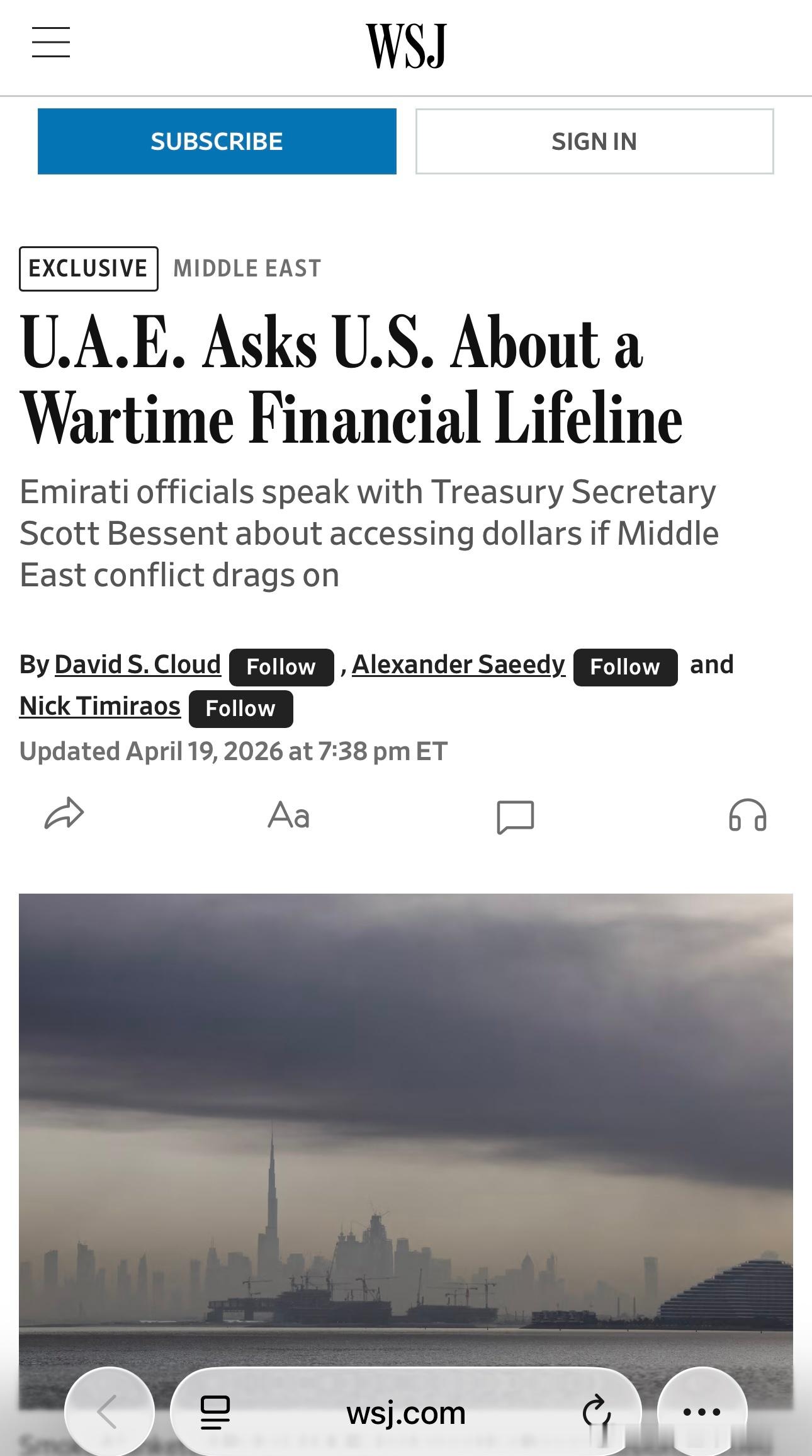 阿联酋向美国寻求战时金融生命线若中东冲突久拖不决，阿联酋官员正与财政部长斯科特·