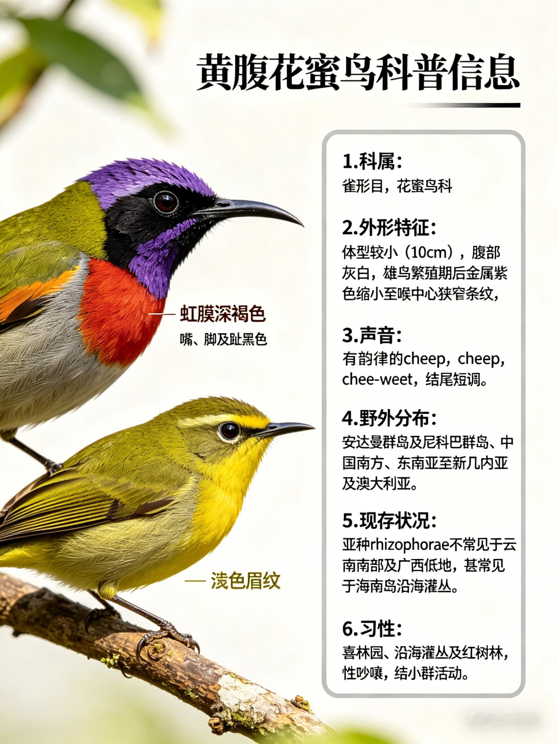 鸟类朋友图鉴 黄腹花蜜鸟·科属：雀形目，花蜜鸟科。·外形特征：体型较小（10cm