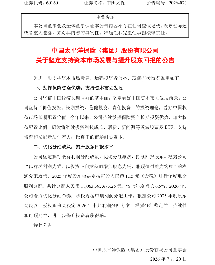 【中国太保：将继续投资科技成长、消费、新能源等领域股票及ETF】中国太保公告称，