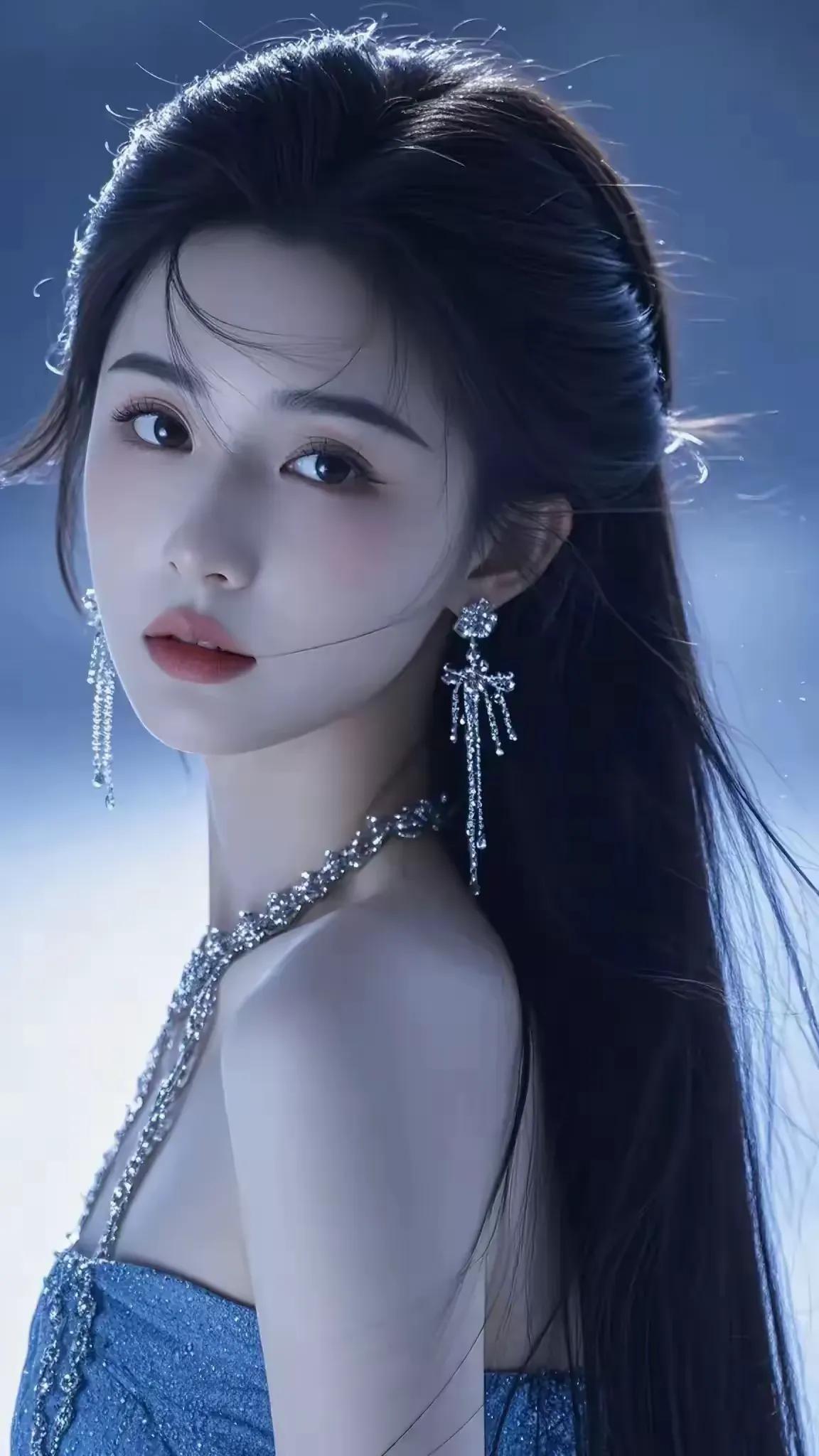 玉颈纤柔绕银霜，
星眸半掩映天光。
乌丝飘舞随风漾，
佳人倾世韵流香。