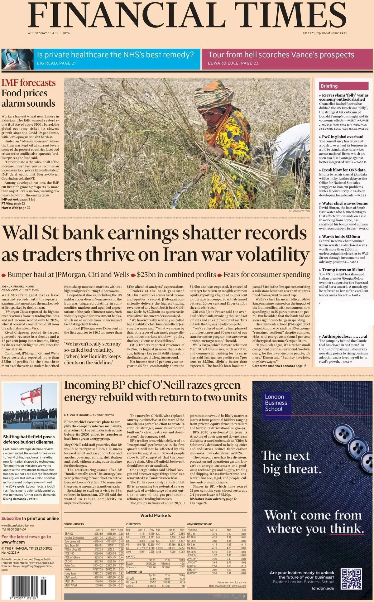 据《金融时报》报道，华尔街最大的银行在第一季度的盈利创下新高，受益于中东战争引发