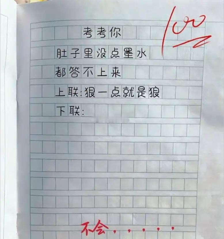 考考你肚子里有多少墨水。我出个上联你能否对出来？上联：狠一点就是狼。下联：___