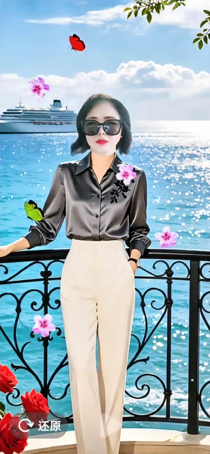 奔赴一场海边浪漫，波光粼粼的海面搭配远处游轮，氛围感直接拉满。顺滑缎面上衣柔和显