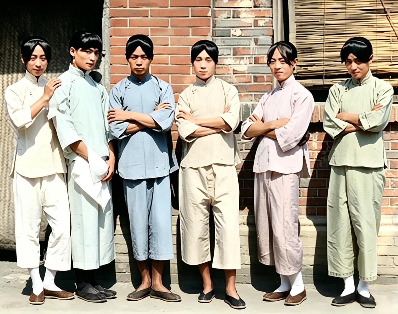 这是一九零四年六名男扮女的艺人并肩站在北京街头。他们虽是男儿之身，却从发髻到裙衫