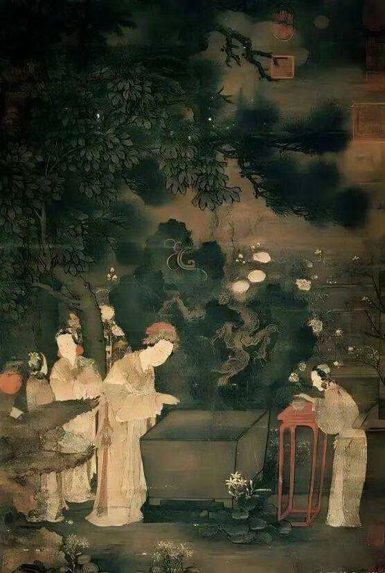 宋 佚名《浣月图》，看画面，应是中秋之夜。一轮圆月悬挂在树梢之中，若隐若现。庭院