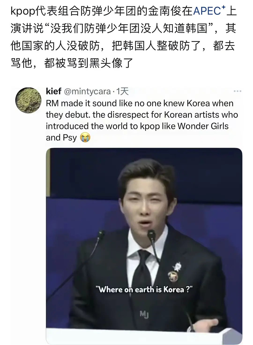 金南俊参加APEC演讲发言称“没我们防弹少年团没人知道🇰🇷”引外网热议后换黑