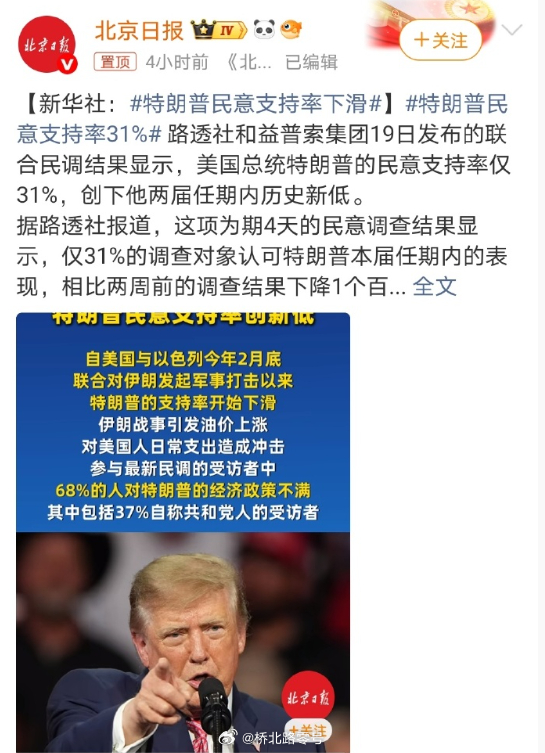 新华社：特朗普民意支持率31% ​​​