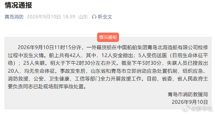 【#青岛货轮火灾已致20人死亡#】#青岛货轮火灾仍有5人失联#2026年9月10