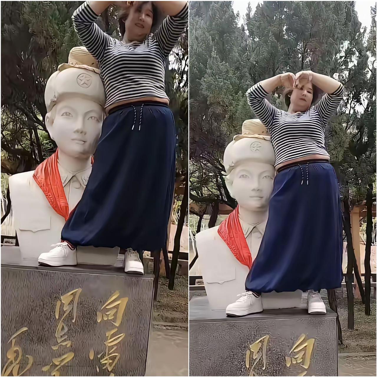 这样的人必须拘留[发怒][发怒]，

真的让人十分气愤，踩着雷锋雕像摆姿势拍照打