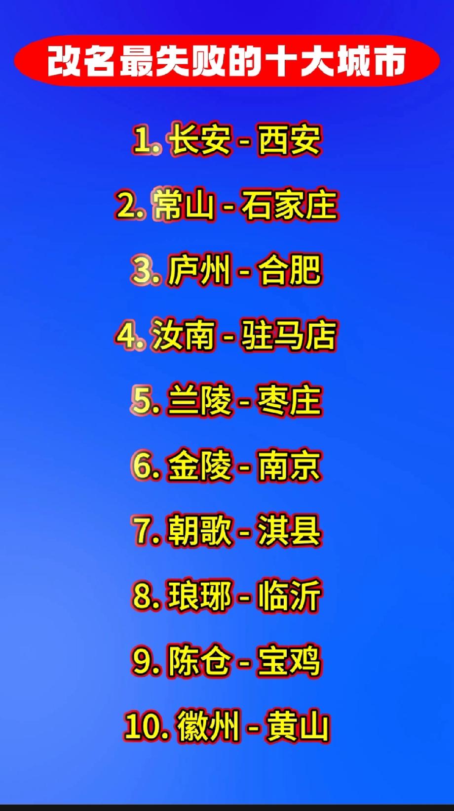改名最失败的十大城市

以下是被认为改名比较失败的十个城市：

1. 长安 - 