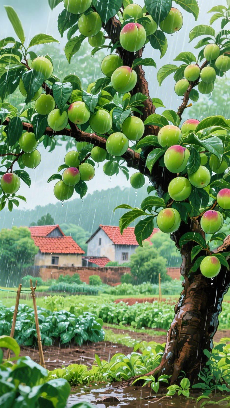 雨打青梅入夏来
 
雨丝斜斜织着，把整个乡野都揉成了湿漉漉的绿。满树青梅沉甸甸坠