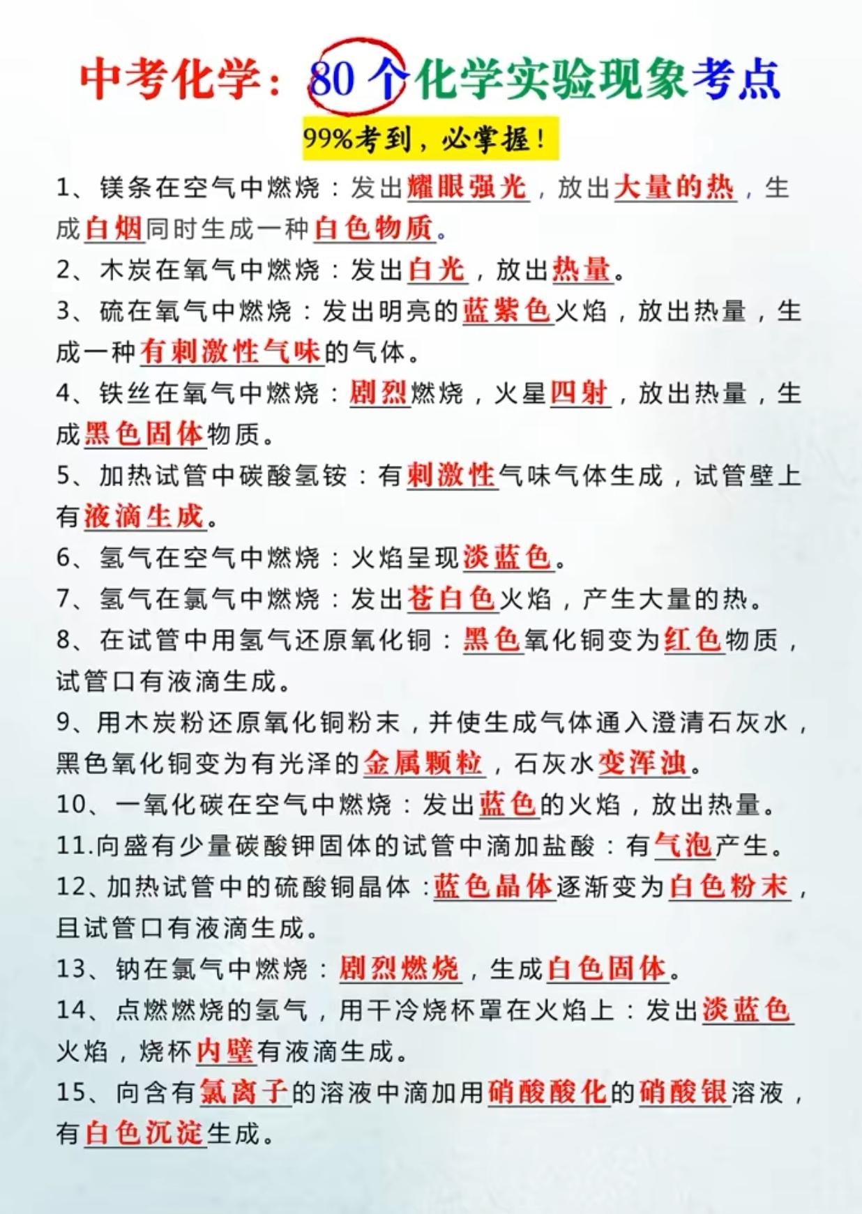 中考化学80个实验现象考点
