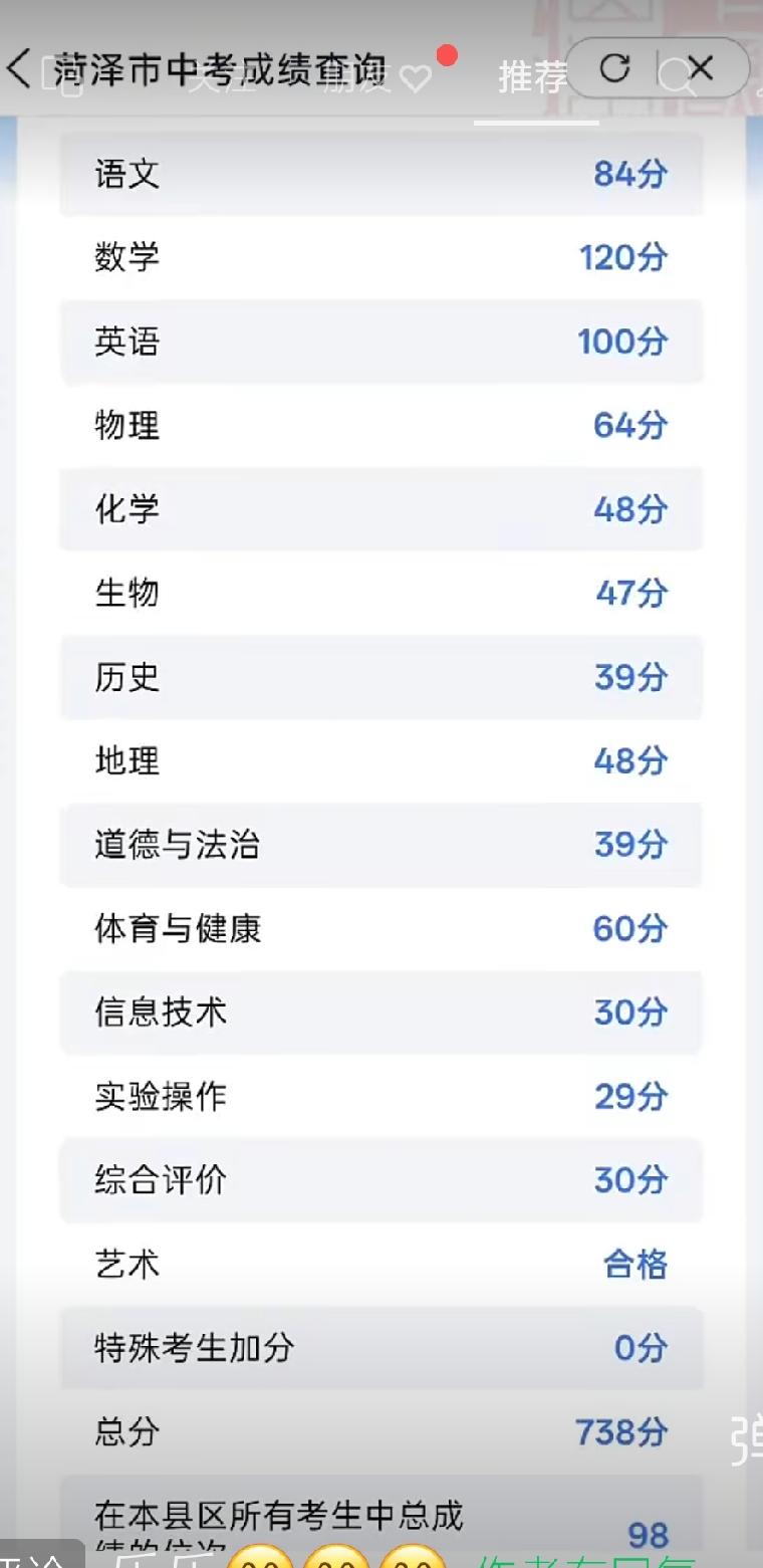 2026年中考成绩：郓城县东城初级中学李学栋总分738，全县位次98

数学12