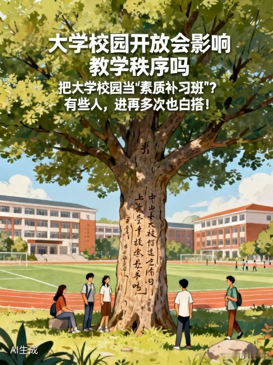 武大开放校园后，梧桐树被刻字“赵大宝来了”。食堂被挤爆，学生没地方吃饭。操场上有