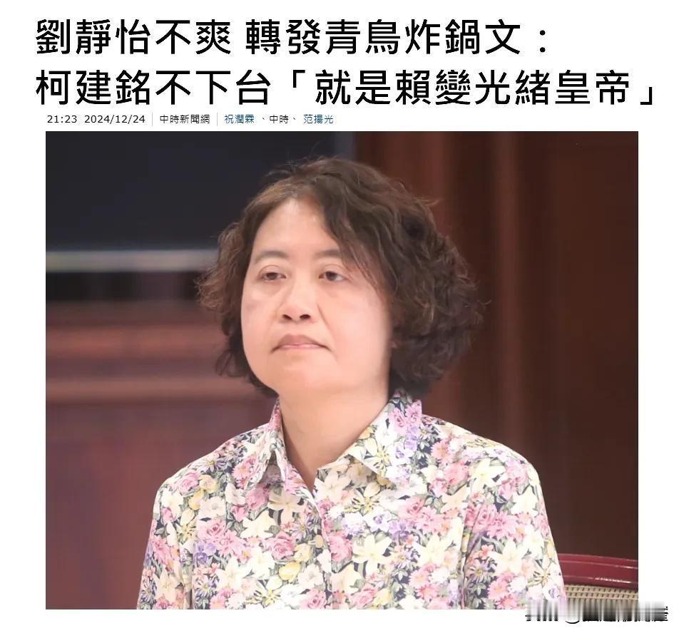 只因提名被台立院否决，刘静怡说“柯建铭不下台，赖就是光绪帝”。

提名被否决，刘
