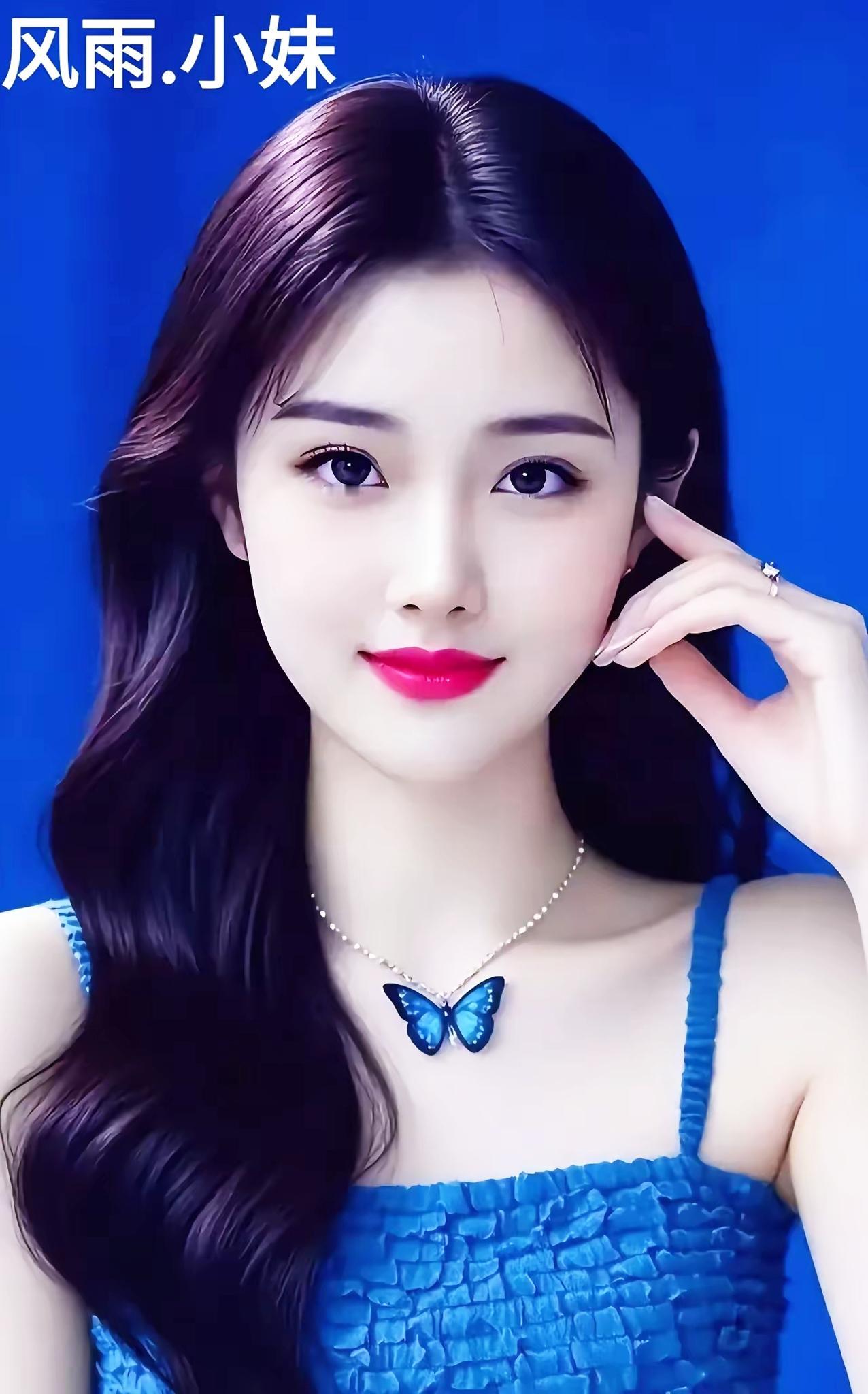 雨中小妹，蓝裙飘逸，甜美可人