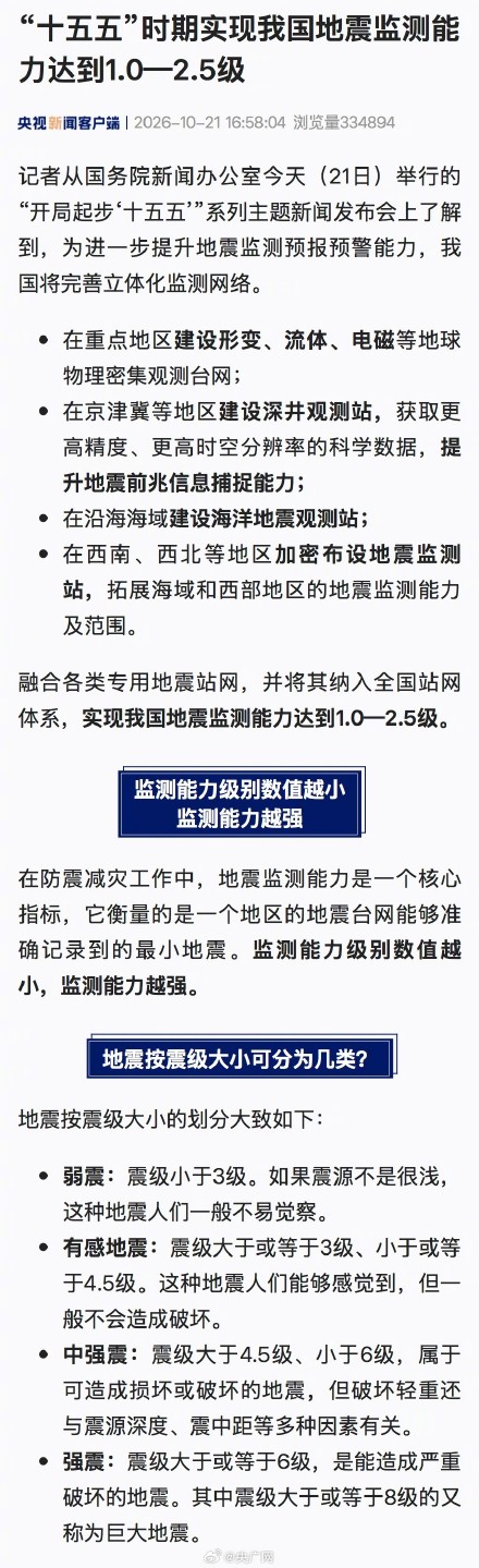 我国地震监测能力将达到1.0至2.5级