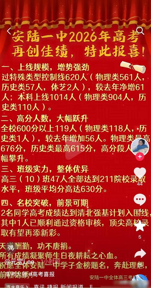 孝感地区安陆一中26年高考成绩喜报已出！

特控线人数比孝感一中少，过600分人