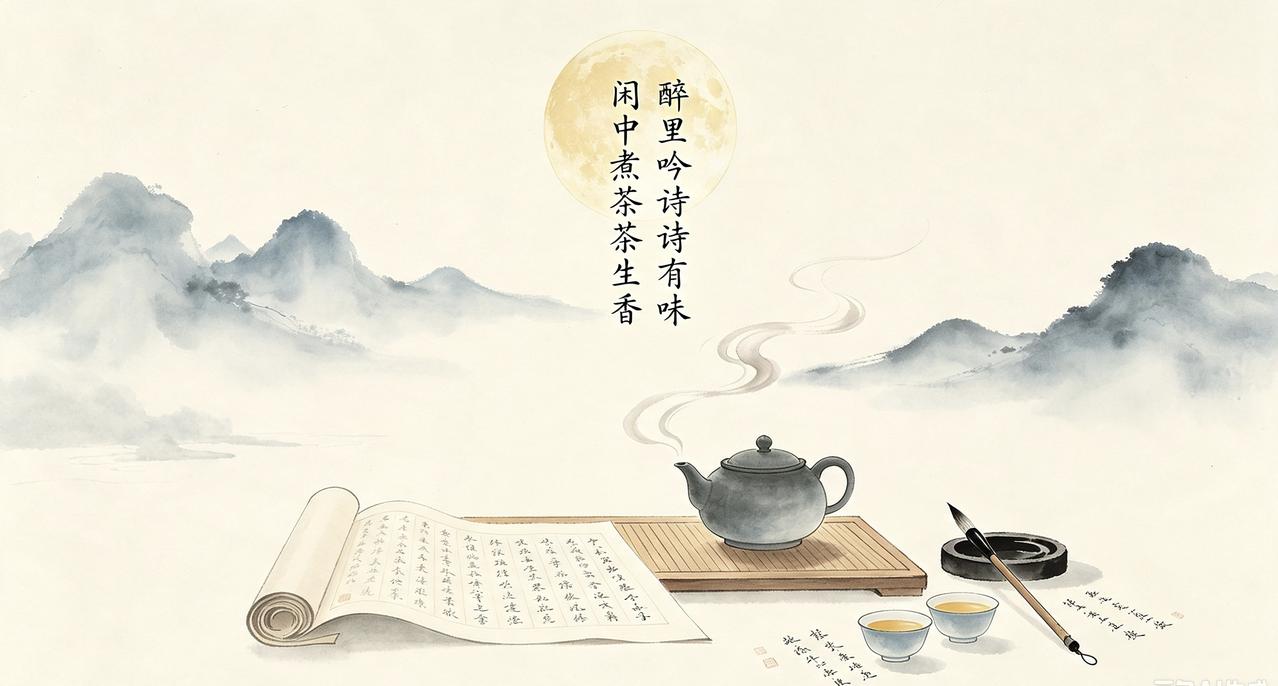 上联：醉里吟诗诗有味；下联邀对闲中煮茶茶生香