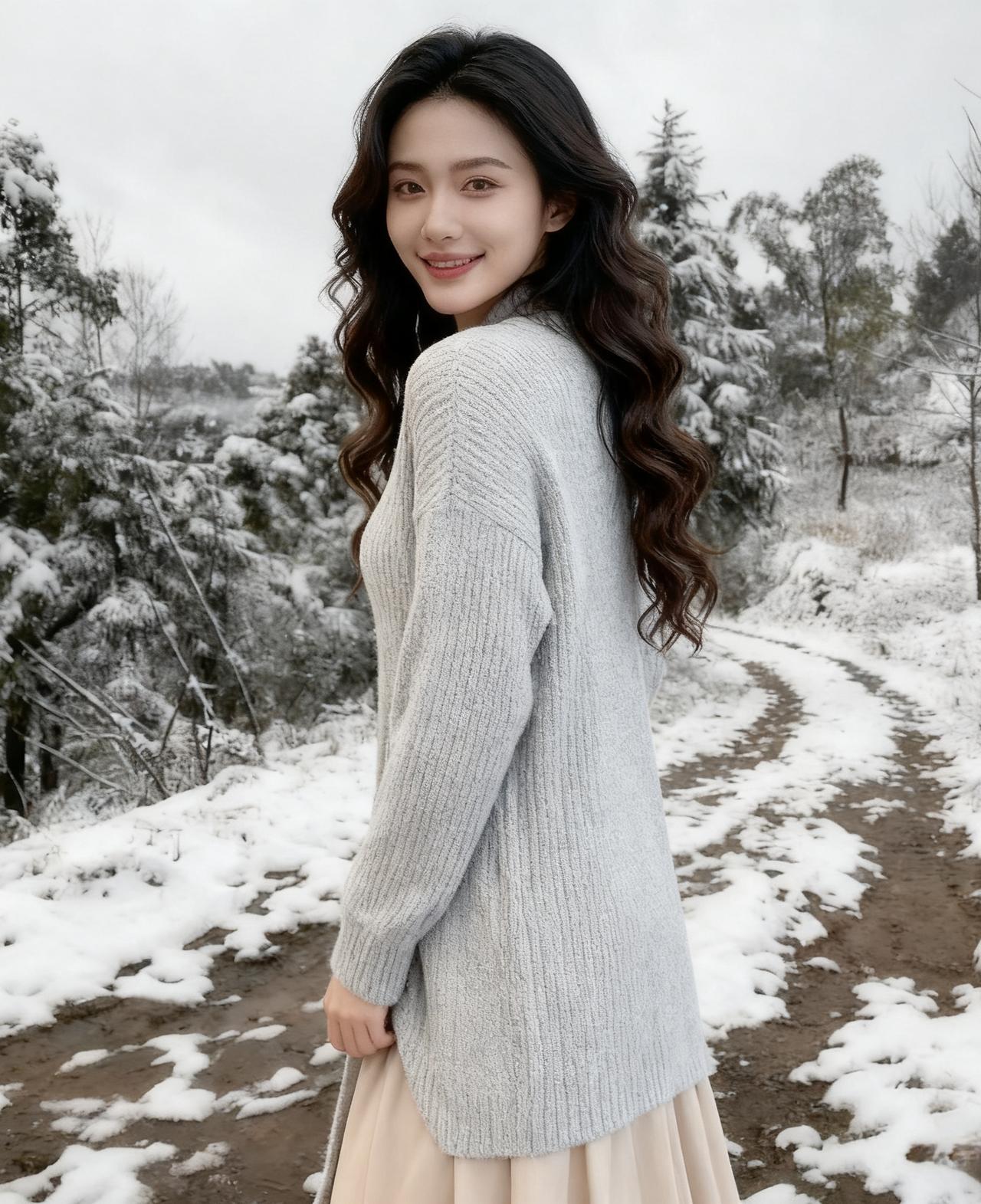 厚衣轻裹雪光柔，笑靥凝香入眼眸。
风过疏林摇碎玉，春心暗向远村流。