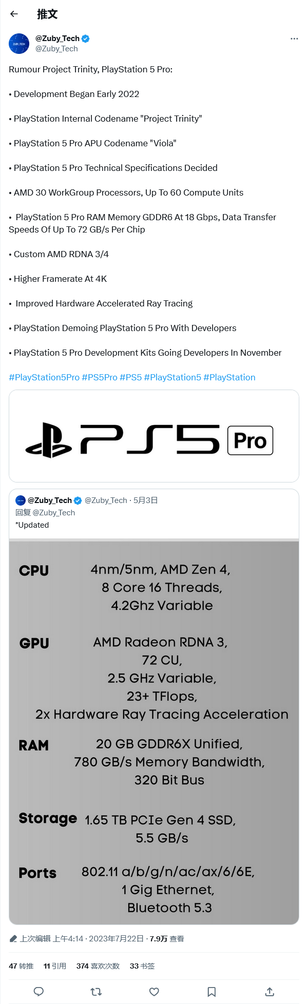 性能翻番，索尼 PS5 Pro 游戏主机关键规格曝光