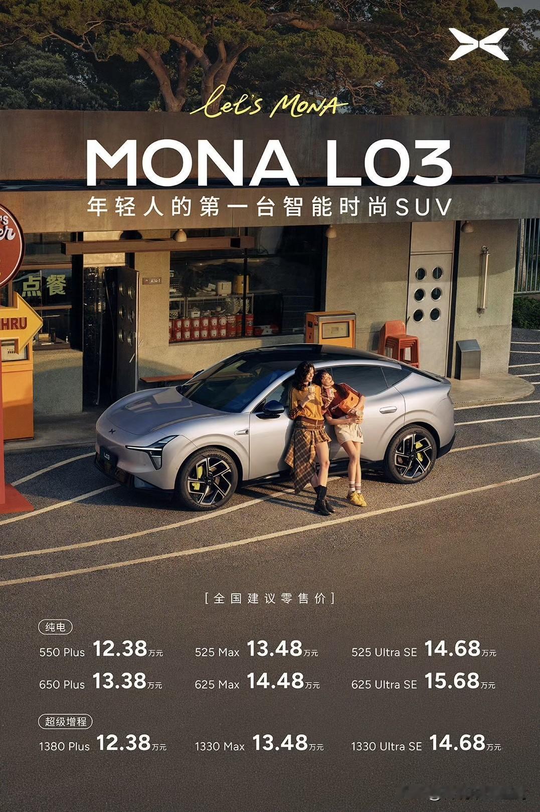 小鹏MONA L03这价格有点狠啊。

全系售价12.38万元-15.68万元。