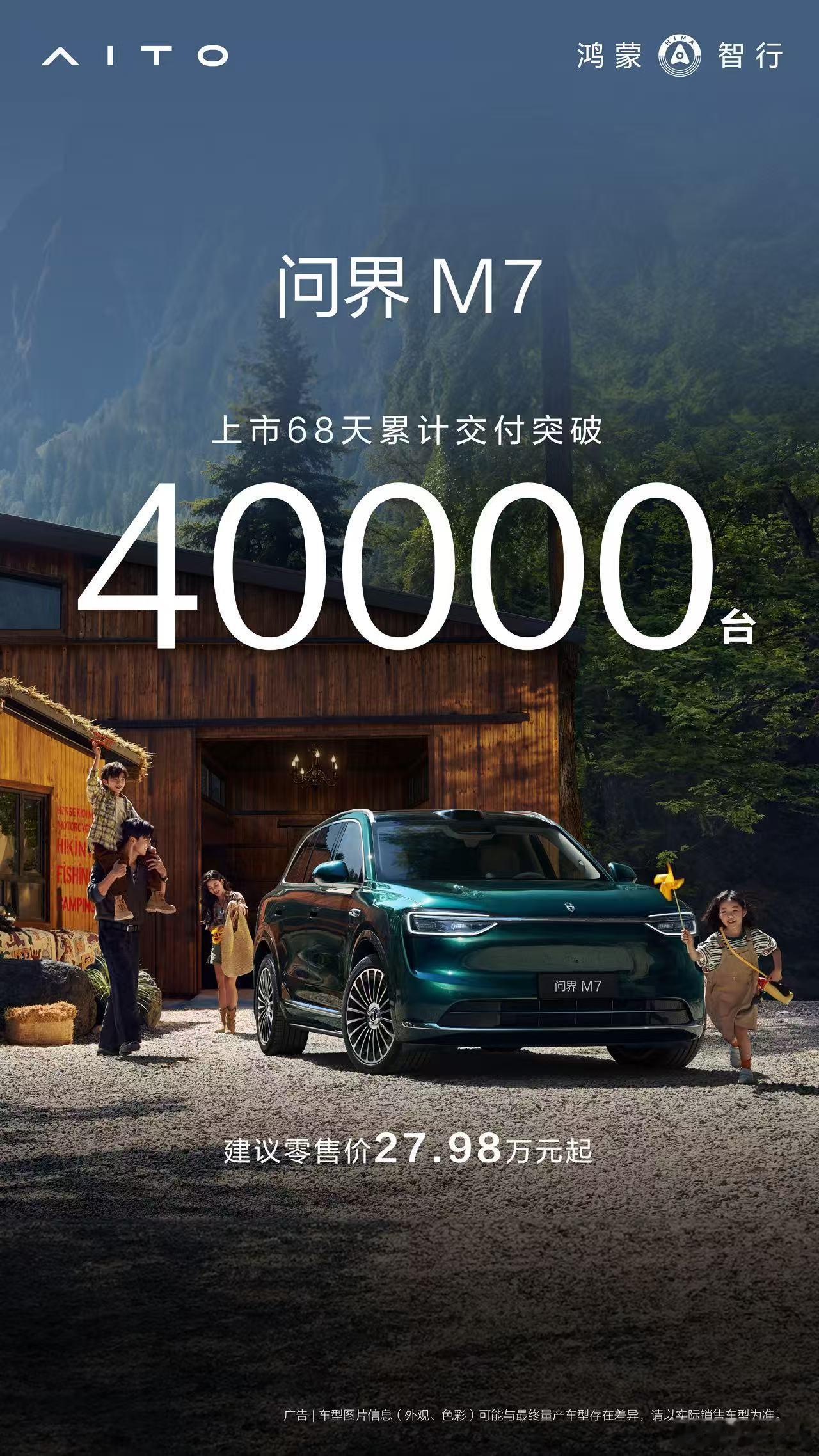 全新问界M7上市68天交付破4万台全新问界M7交付量已突破40000台，距离突破