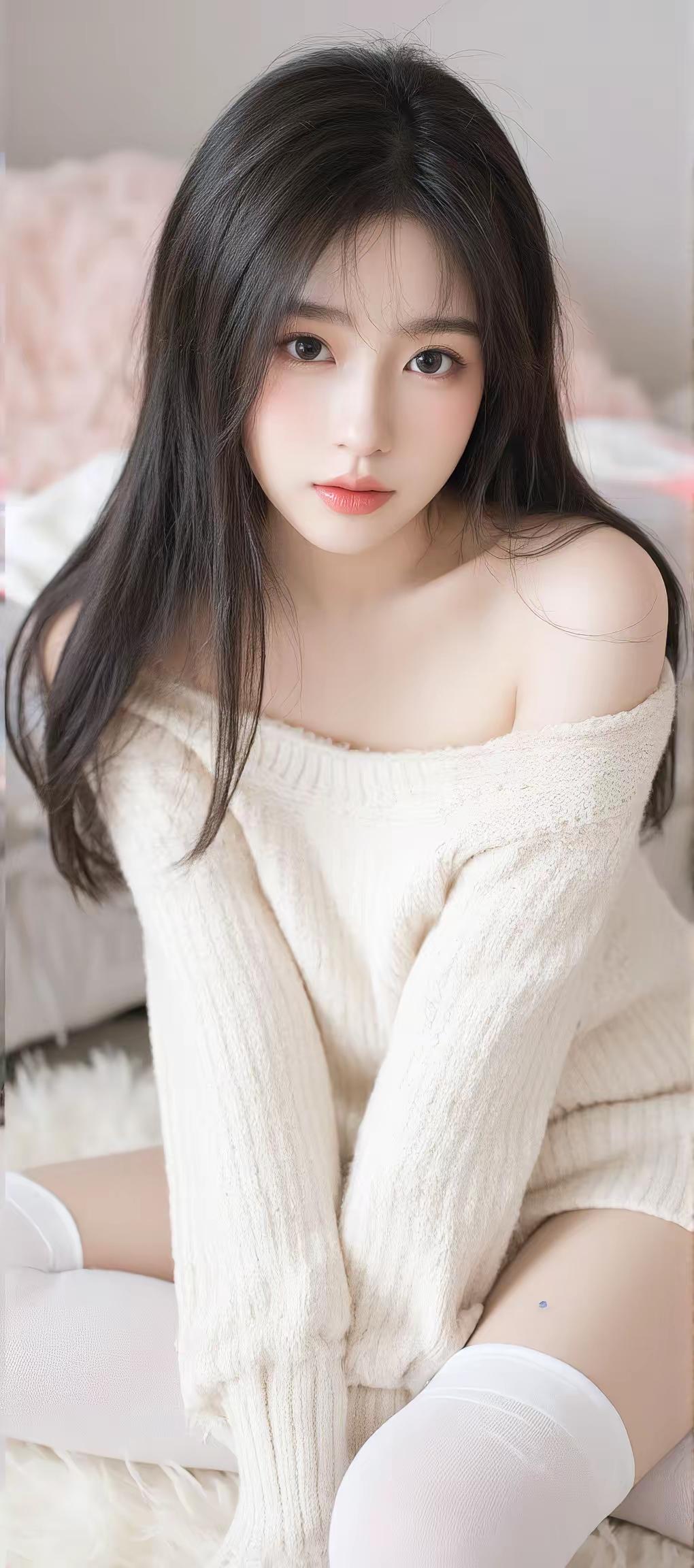 温柔甜美的少女，穿着白色毛衣和长袜，坐在粉色背景前，散发着温暖和宁静的气息。如何